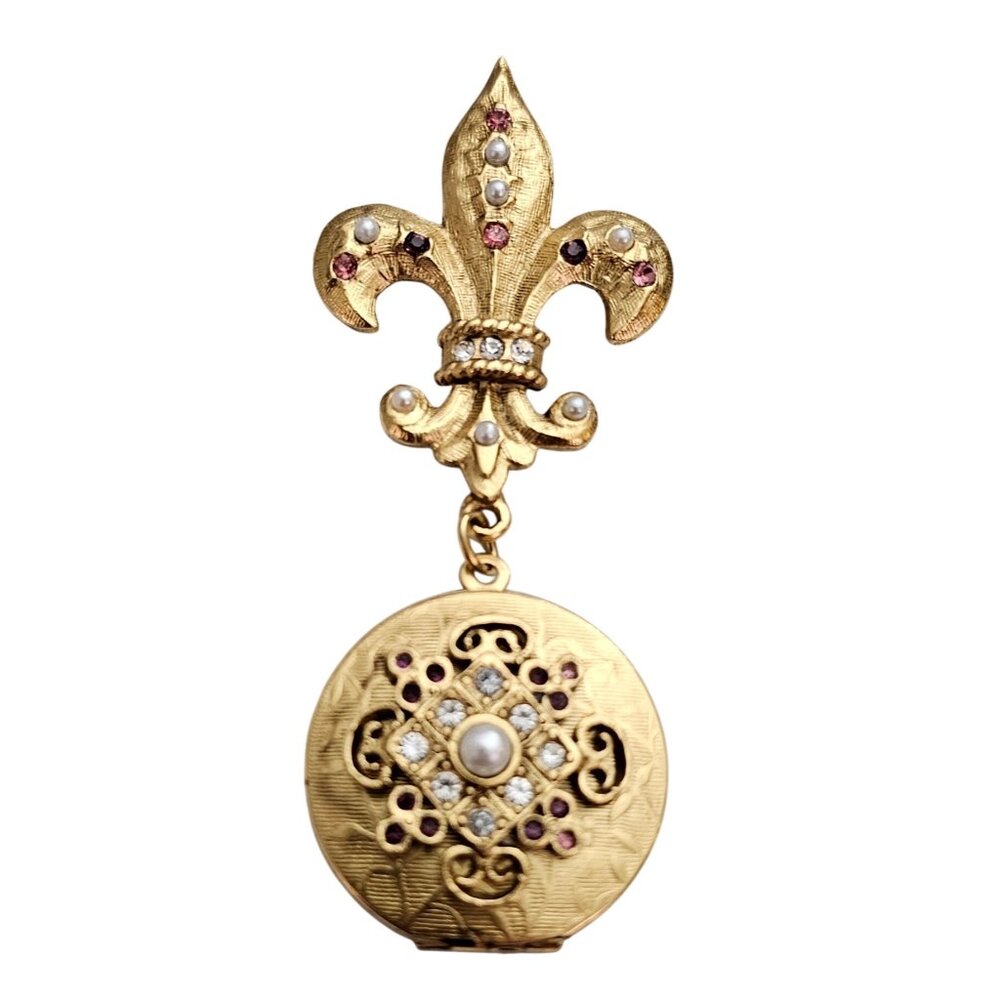 Fleur De Lis Bar Brooch Pink Purple Rhinestone Locket Dangle Pin J355